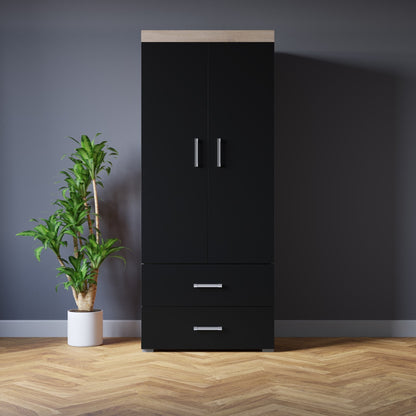 2 Door 2 Drawer Wardrobe in Black & Sonoma Oak Effect Bedroom Furniture Storage