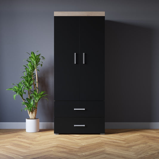 2 Door 2 Drawer Wardrobe in Black & Sonoma Oak Effect Bedroom Furniture Storage