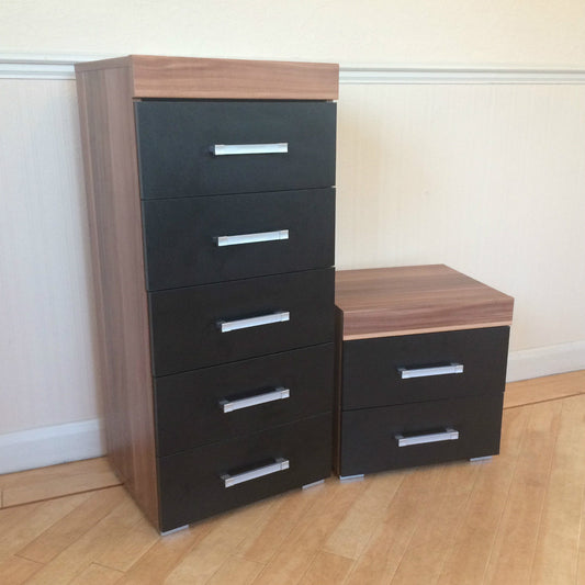 Black & Walnut 5 Drawer Tall Boy Chest & 2 Drawer Bedside Cabinet Bedroom Narrow