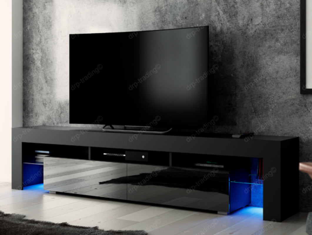Modern TV Unit 200Cm Cabinet Black Matt and Black High Gloss FREE LED RGB Lights