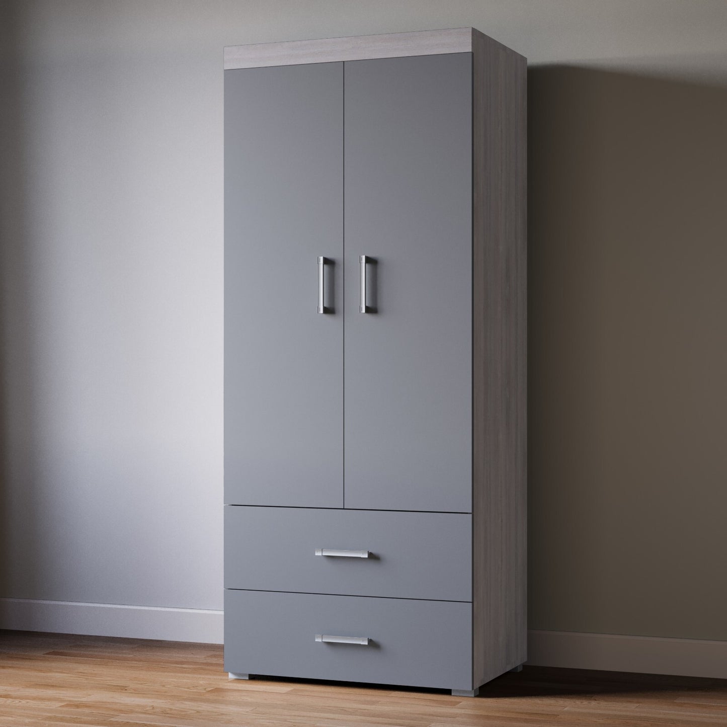 2 Door 2 Drawer Wardrobe - Grey & Grey Oak Effect Bedroom Furniture Storage Rail
