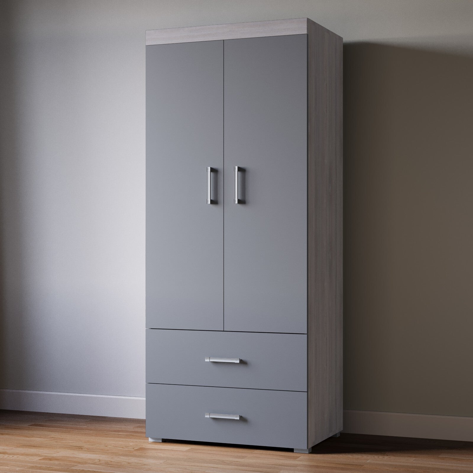 2 Door 2 Drawer Wardrobe - Grey & Grey Oak Effect Bedroom Furniture Storage Rail
