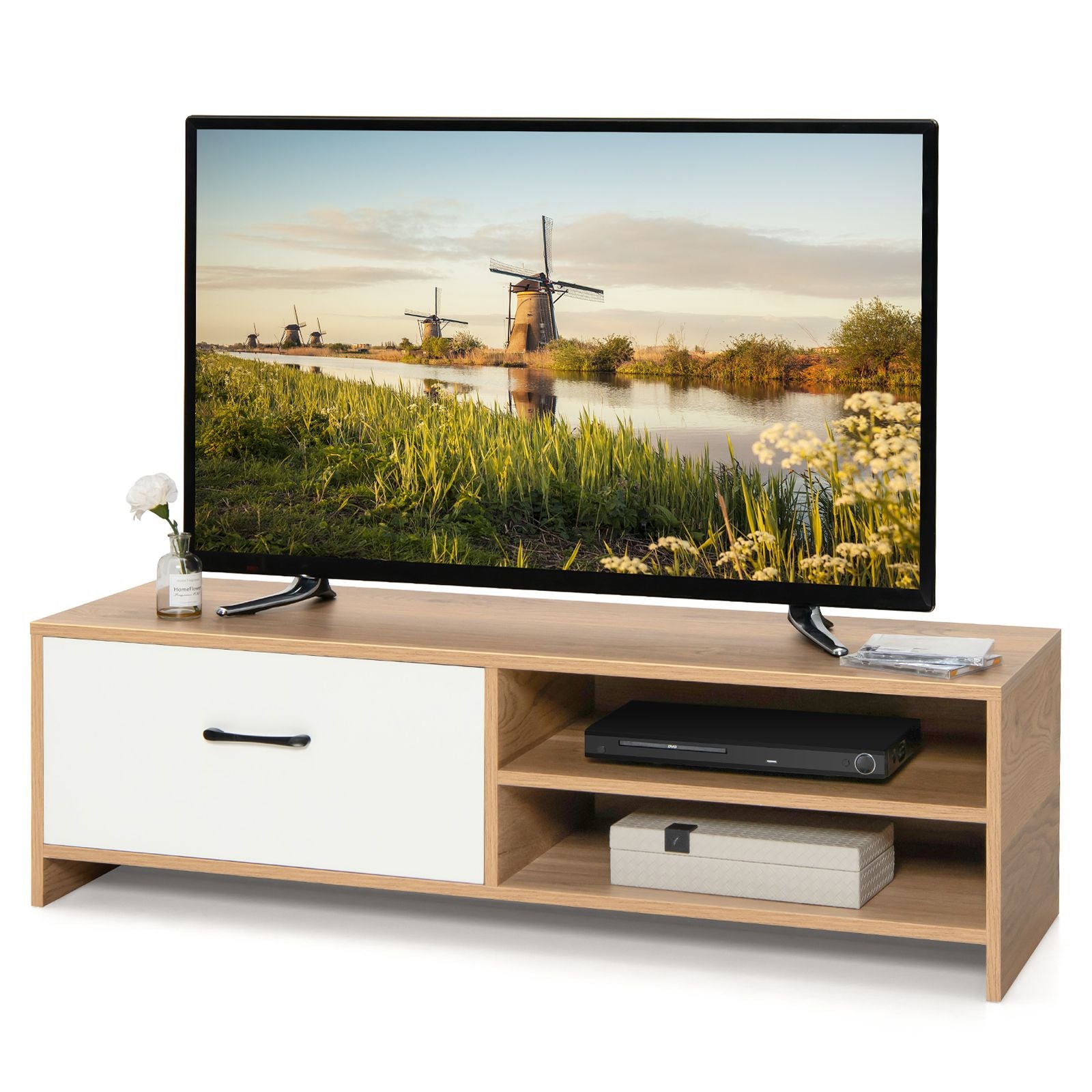 Elegant Wooden TV Stand Featuring Drawer and Dual Shelves for TVs up to 55 Inches