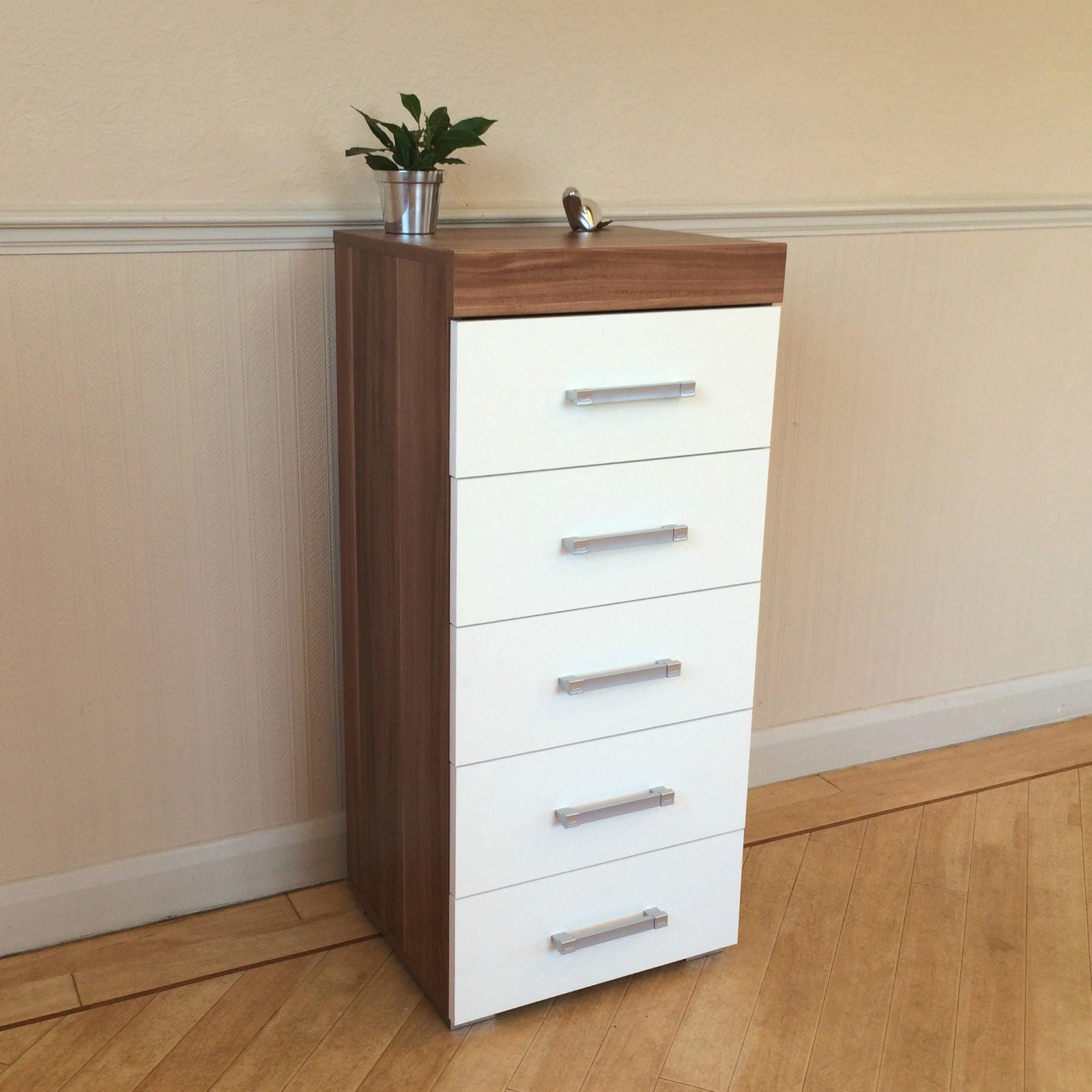 White & Walnut 5 Drawer Tall Boy Chest & 2 Drawer Bedside Cabinet Bedroom Narrow