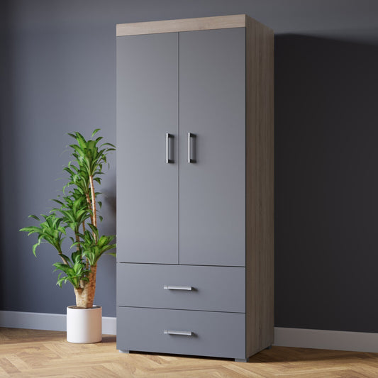 2 Door 2 Drawer Wardrobe in Grey & Sonoma Oak Effect Bedroom Furniture Storage