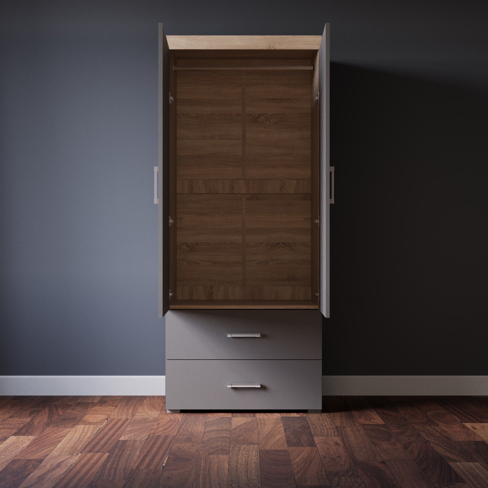 2 Door 2 Drawer Wardrobe in Grey & Sonoma Oak Effect Bedroom Furniture Storage