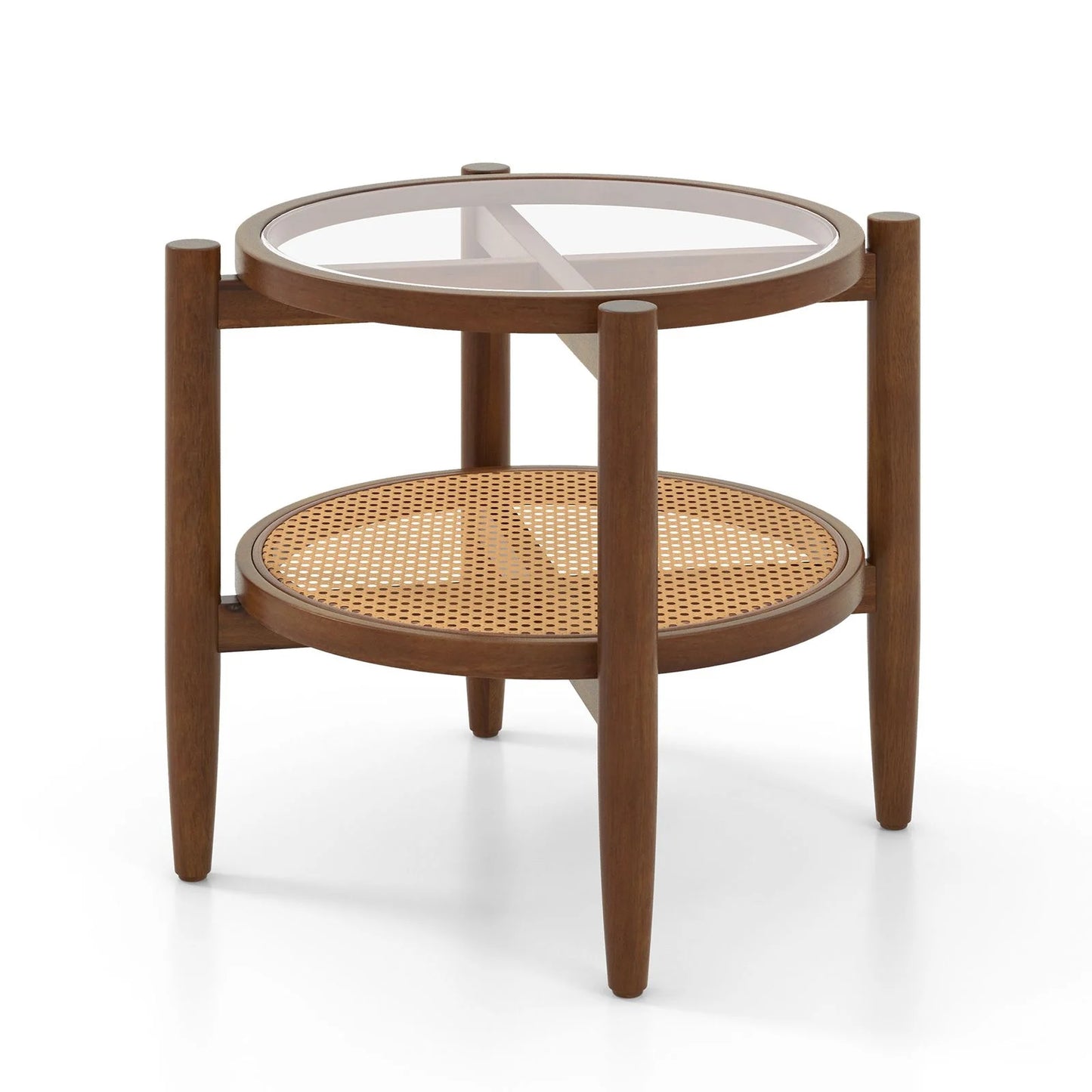 2-Tier Round Side End Table in PE Rattan with Tempered Glass Top