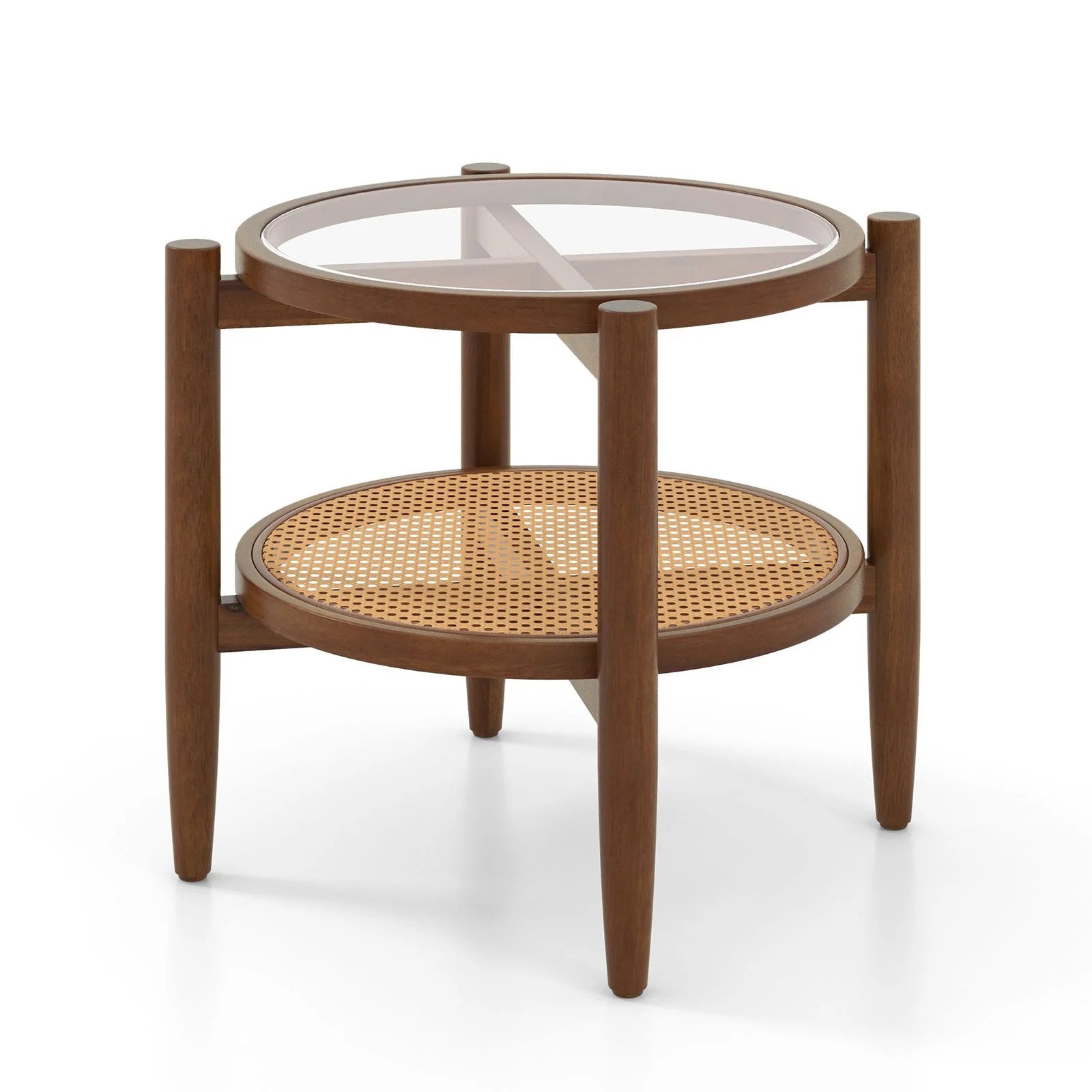 2-Tier Round Side End Table in PE Rattan with Tempered Glass Top