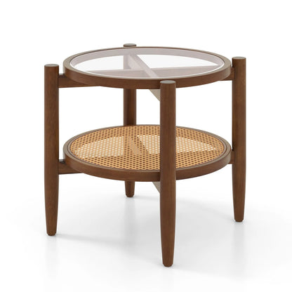 2-Tier Round Side End Table in PE Rattan with Tempered Glass Top