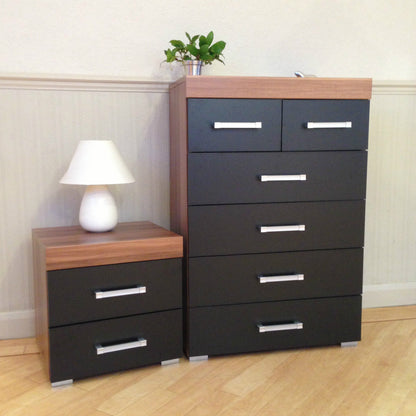 Black & Walnut 4+2 Drawer Chest & 2 Drawer Bedside Cabinet Bedroom Furniture 6