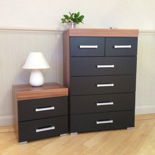 Black & Walnut 4+2 Drawer Chest & 2 Drawer Bedside Cabinet Bedroom Furniture 6