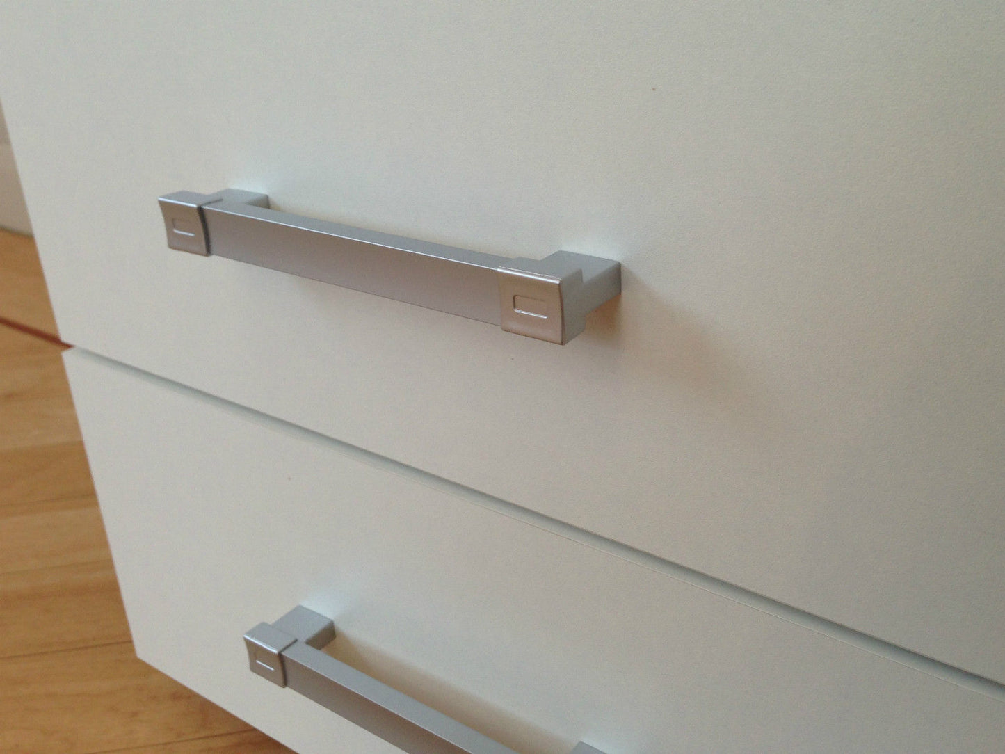 White & Walnut 5 Drawer Tall Boy Chest & 2 Drawer Bedside Cabinet Bedroom Narrow