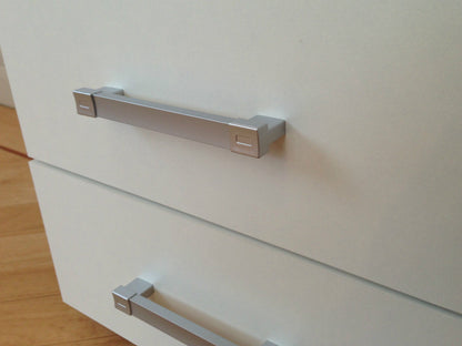 White & Walnut 5 Drawer Tall Boy Chest & 2 Drawer Bedside Cabinet Bedroom Narrow
