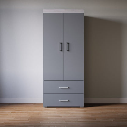 2 Door 2 Drawer Wardrobe - Grey & Grey Oak Effect Bedroom Furniture Storage Rail