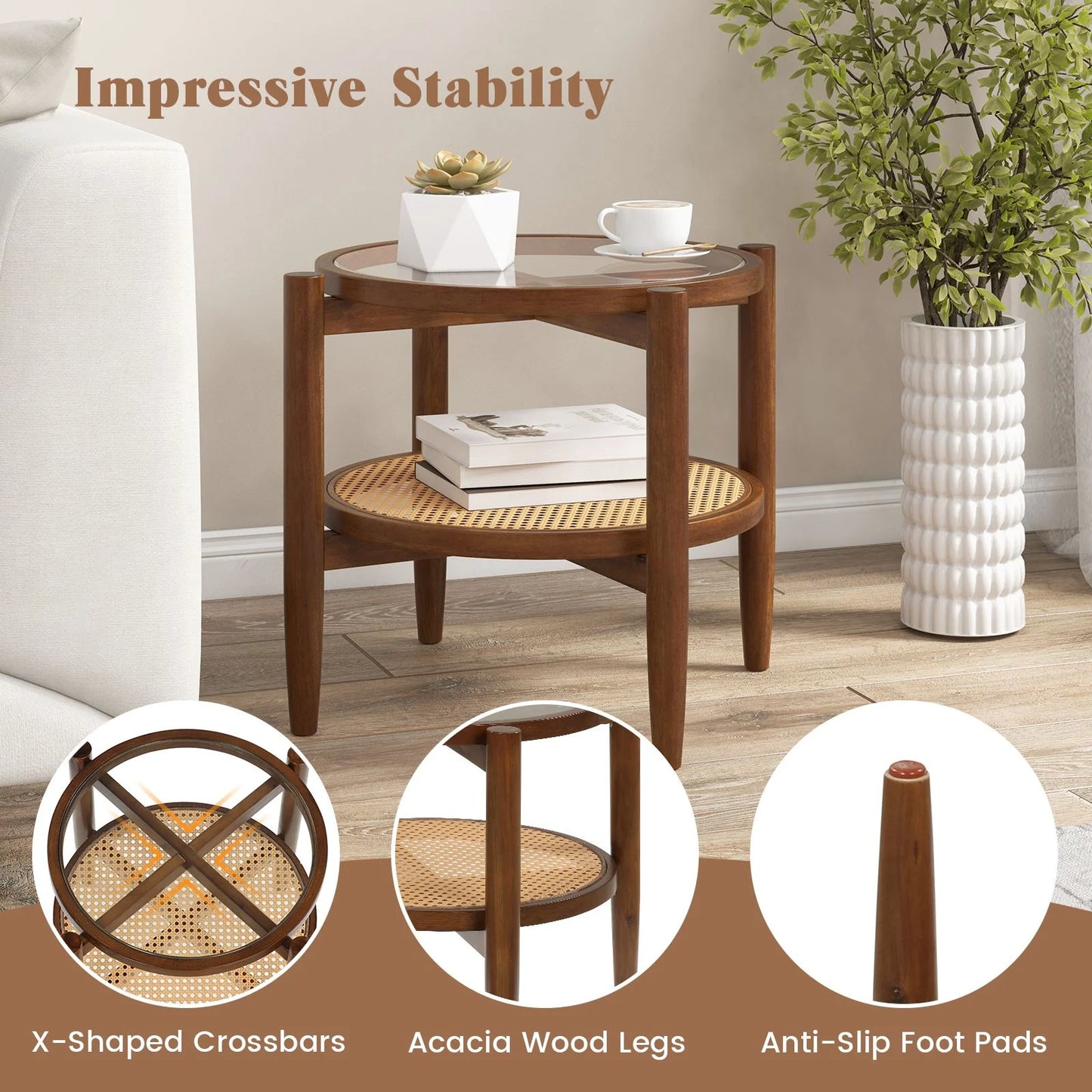 2-Tier Round Side End Table in PE Rattan with Tempered Glass Top