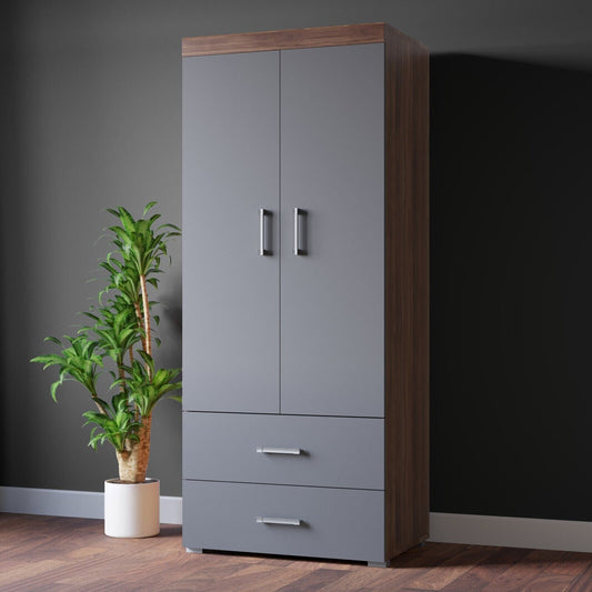 2 Door 2 Drawer Wardrobe in Grey & Walnut Effect Bedroom Furniture Storage Rail
