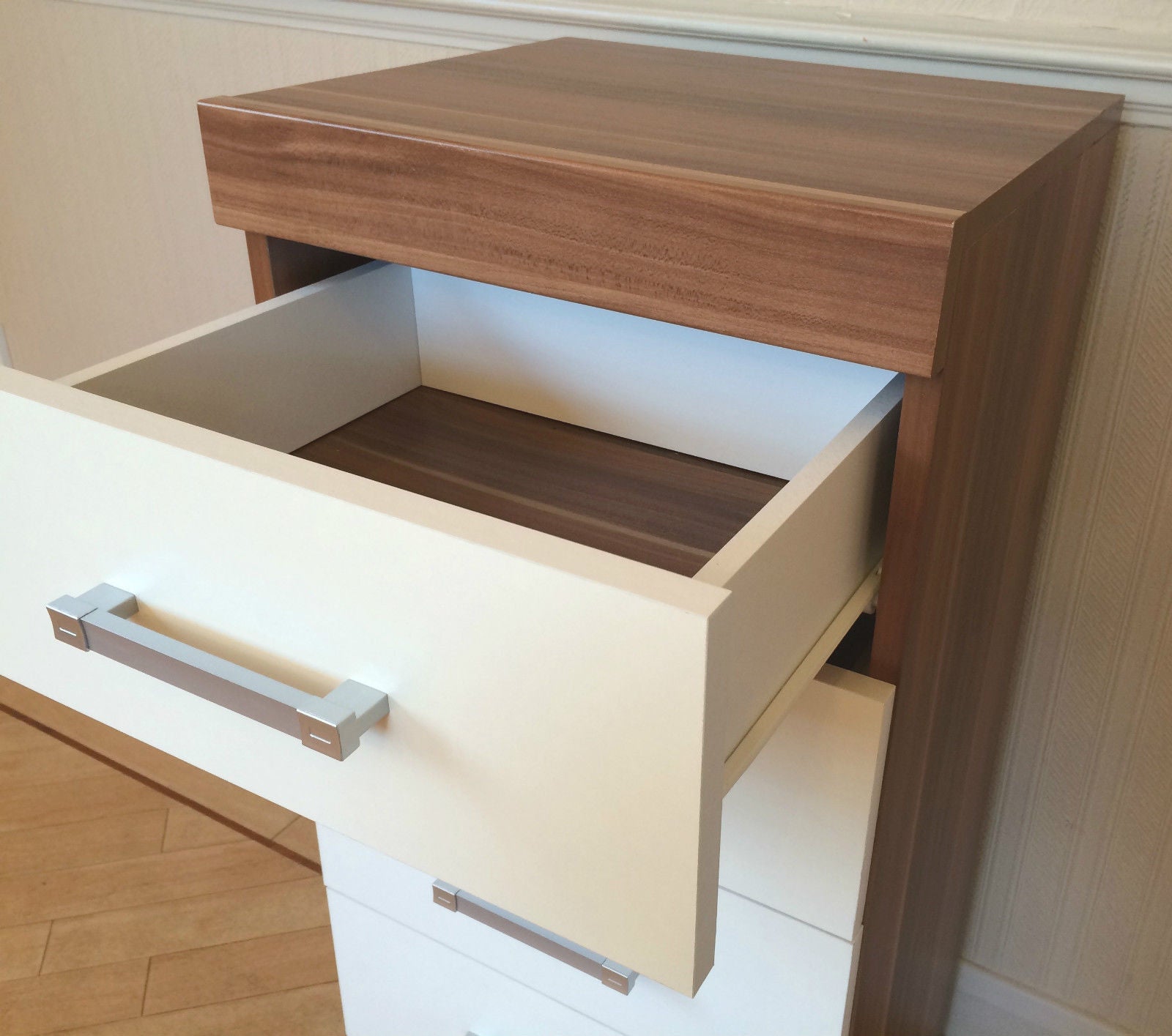 White & Walnut 5 Drawer Tall Boy Chest & 2 Drawer Bedside Cabinet Bedroom Narrow