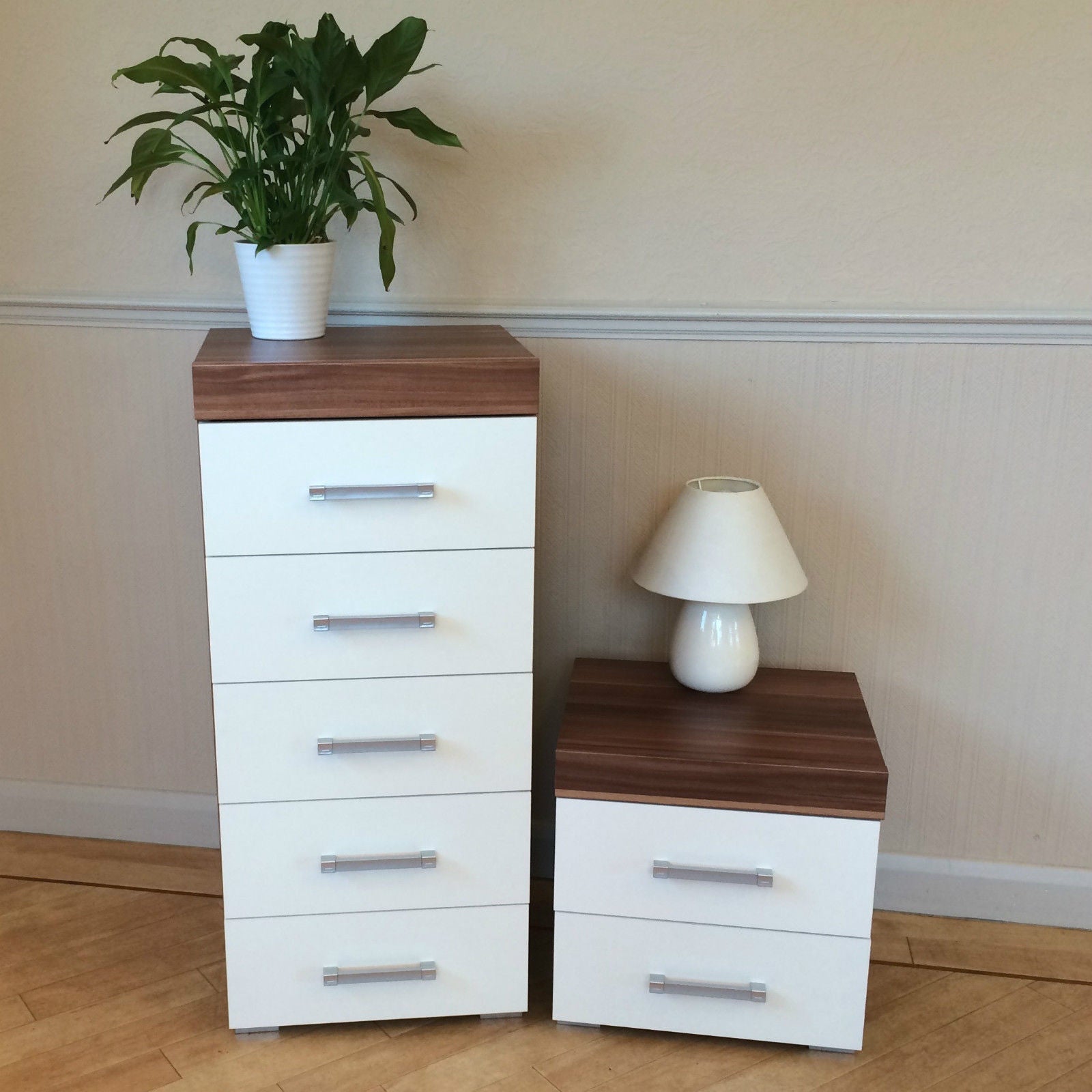 White & Walnut 5 Drawer Tall Boy Chest & 2 Drawer Bedside Cabinet Bedroom Narrow
