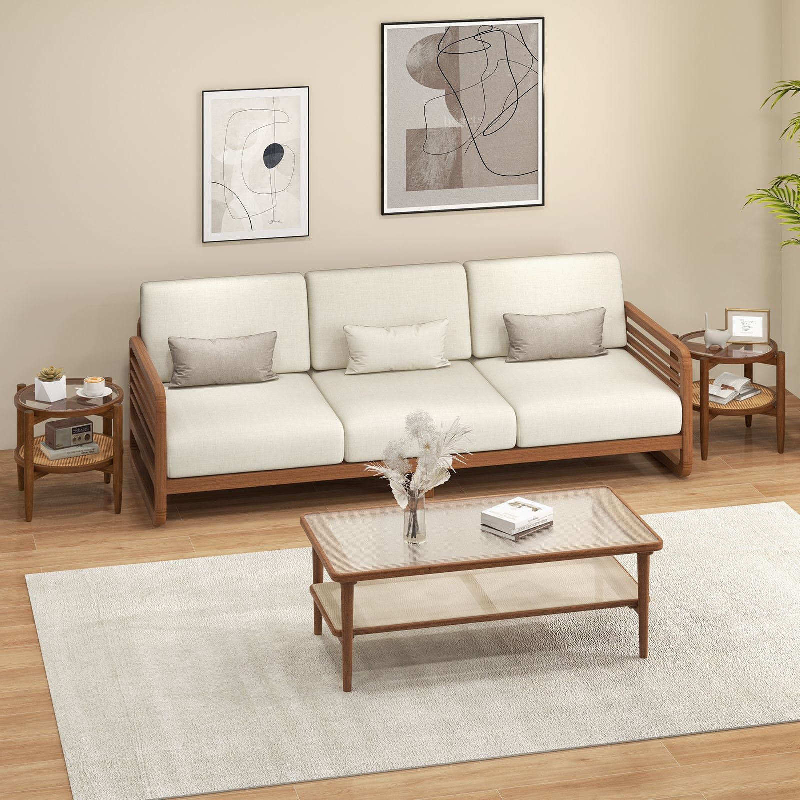 2-Tier Round Side End Table in PE Rattan with Tempered Glass Top