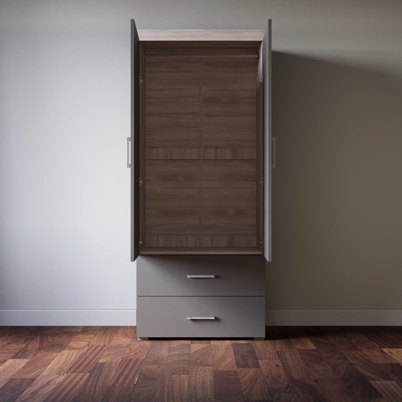 2 Door 2 Drawer Wardrobe - Grey & Grey Oak Effect Bedroom Furniture Storage Rail
