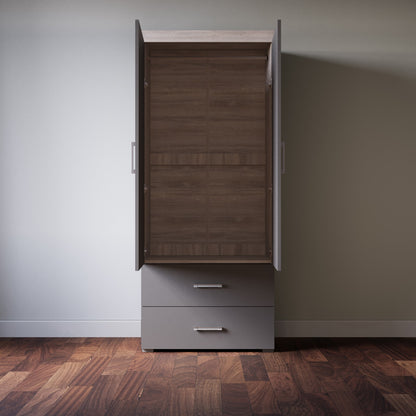 2 Door 2 Drawer Wardrobe - Grey & Grey Oak Effect Bedroom Furniture Storage Rail
