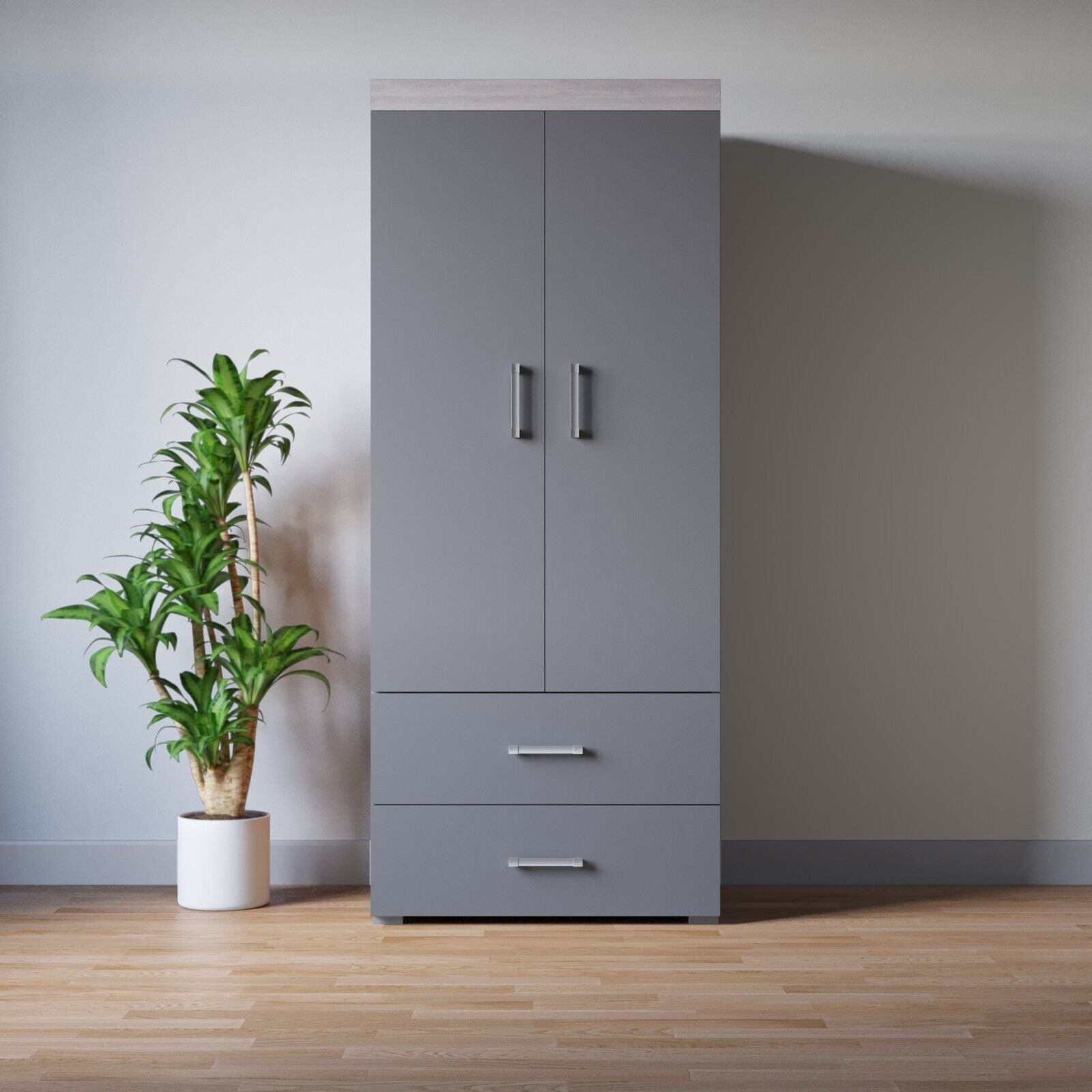 2 Door 2 Drawer Wardrobe - Grey & Grey Oak Effect Bedroom Furniture Storage Rail
