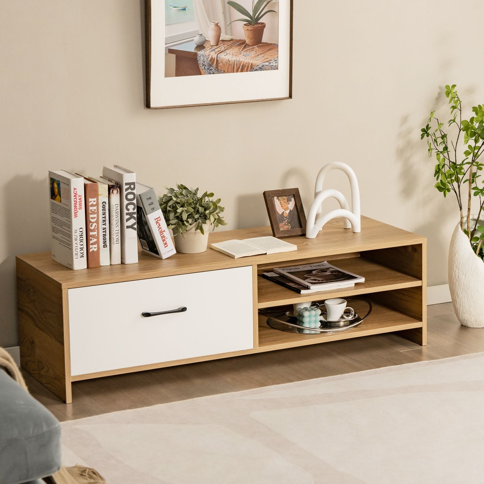Elegant Wooden TV Stand Featuring Drawer and Dual Shelves for TVs up to 55 Inches