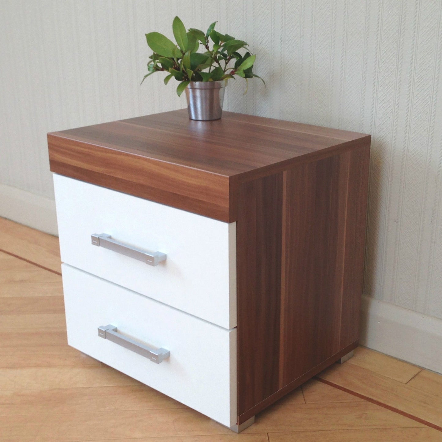 White & Walnut 5 Drawer Tall Boy Chest & 2 Drawer Bedside Cabinet Bedroom Narrow