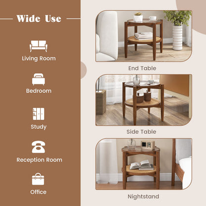2-Tier Round Side End Table in PE Rattan with Tempered Glass Top