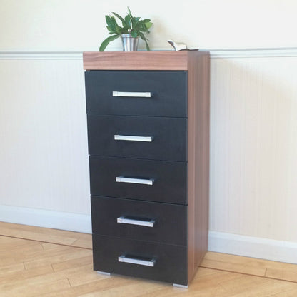 Black & Walnut 5 Drawer Tall Boy Chest & 2 Drawer Bedside Cabinet Bedroom Narrow