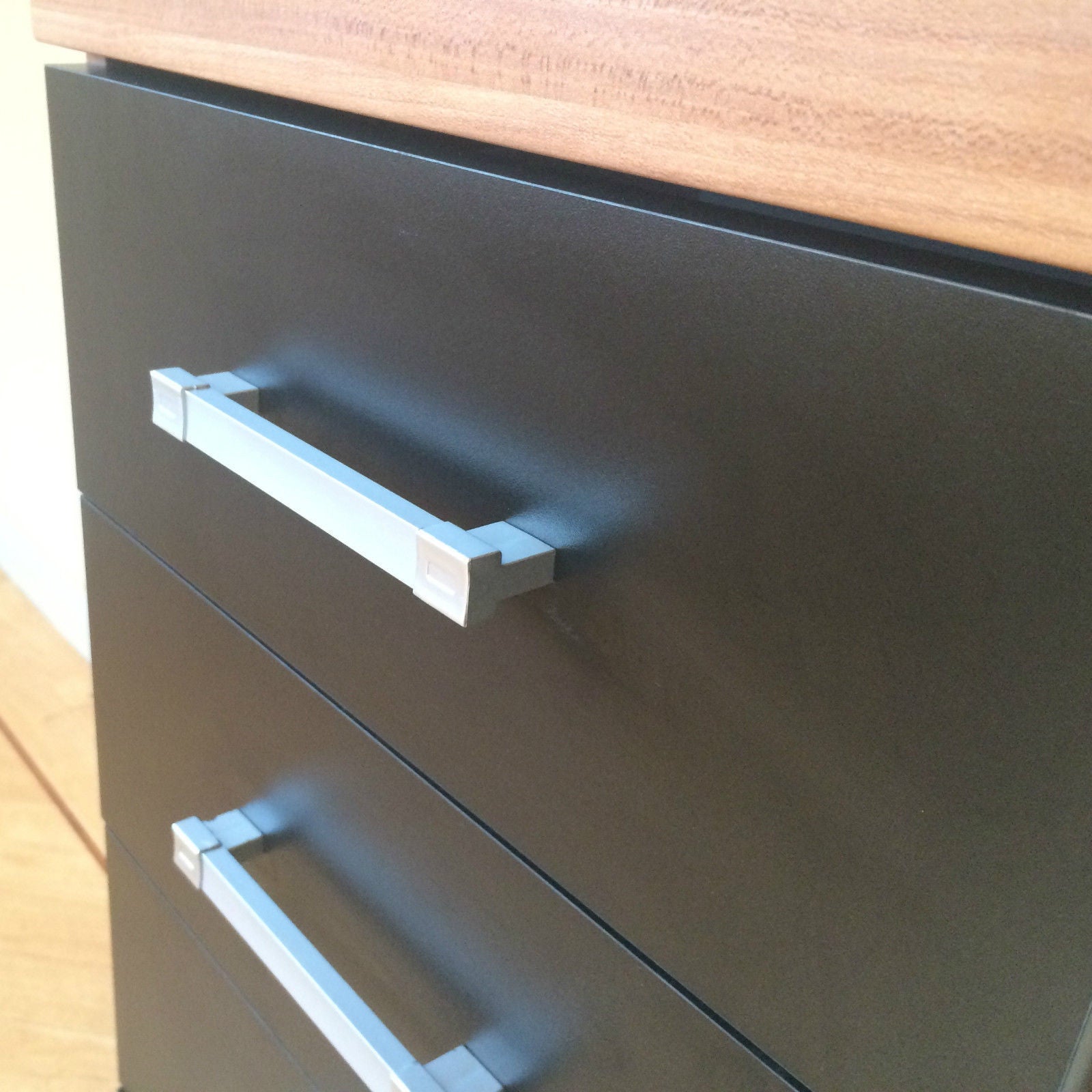 Black & Walnut 5 Drawer Tall Boy Chest & 2 Drawer Bedside Cabinet Bedroom Narrow
