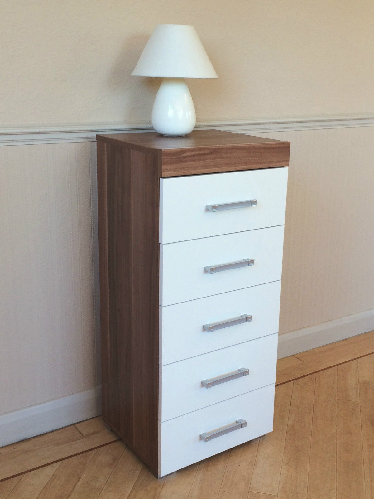 White & Walnut 5 Drawer Tall Boy Chest & 2 Drawer Bedside Cabinet Bedroom Narrow