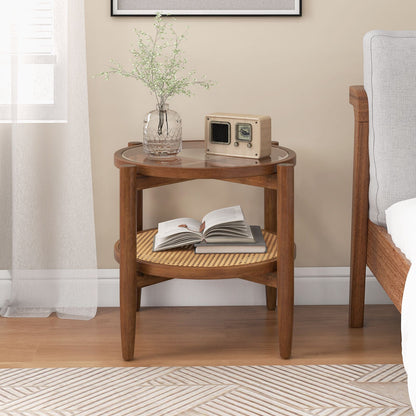 2-Tier Round Side End Table in PE Rattan with Tempered Glass Top