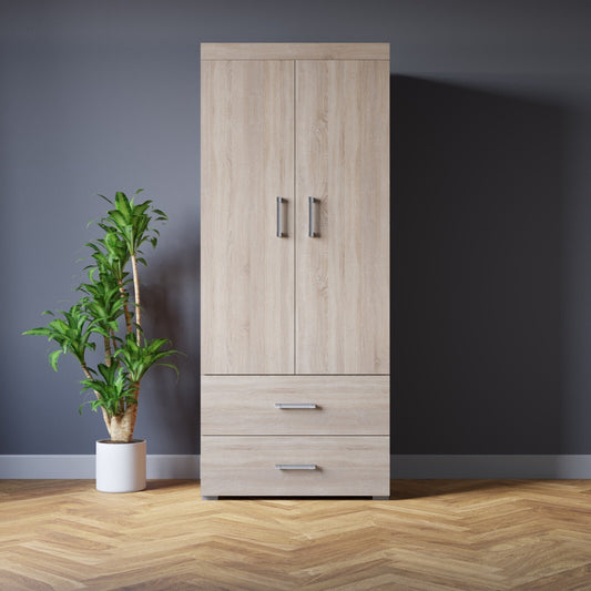 2 Door 2 Drawer Wardrobe with Rail - Sonoma Oak Effect Bedroom Furniture Storage