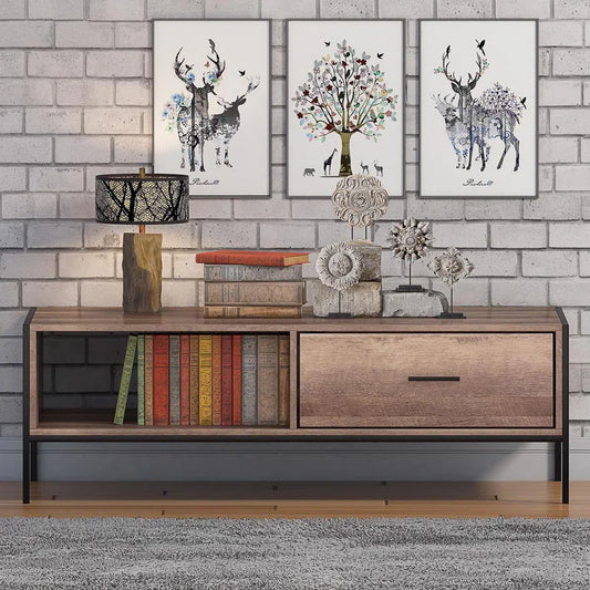 Esteban 1 Drawer Coffee Table with Open Shelf. Industrial Style. Black Metal Frame.