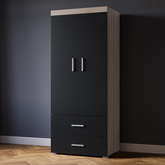 2 Door 2 Drawer Wardrobe in Black & Sonoma Oak Effect Bedroom Furniture Storage
