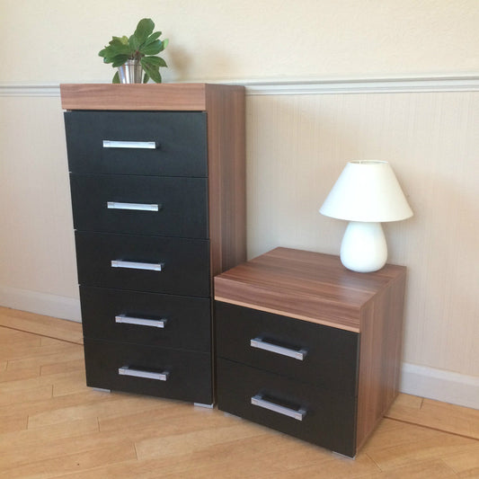 Black & Walnut 5 Drawer Tall Boy Chest & 2 Drawer Bedside Cabinet Bedroom Narrow