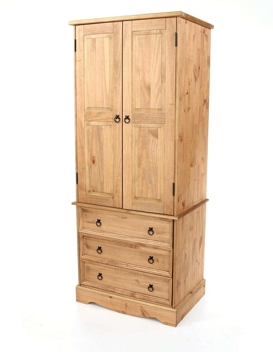2 Door Wardrobe with 3 Drawers Tall Solid Pine Bedroom Storage Hanging Bar