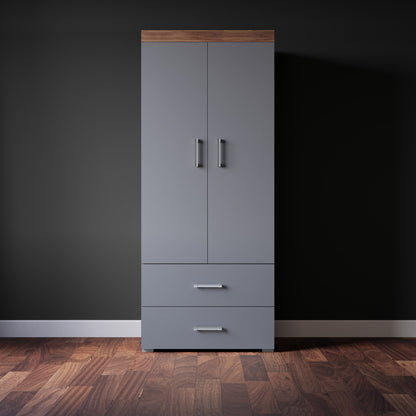 2 Door 2 Drawer Wardrobe in Grey & Walnut Effect Bedroom Furniture Storage Rail
