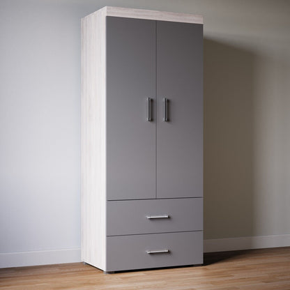 2 Door 2 Drawer Wardrobe - Grey & Grey Oak Effect Bedroom Furniture Storage Rail