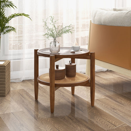 2-Tier Round Side End Table in PE Rattan with Tempered Glass Top