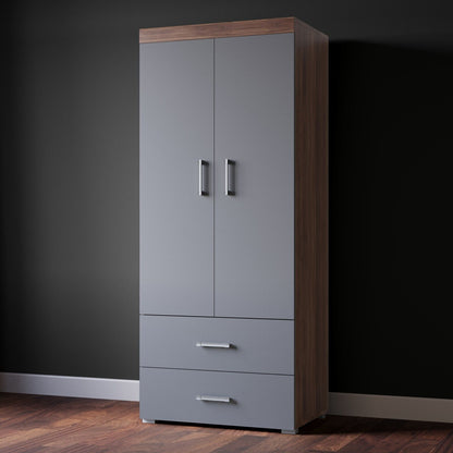2 Door 2 Drawer Wardrobe in Grey & Walnut Effect Bedroom Furniture Storage Rail