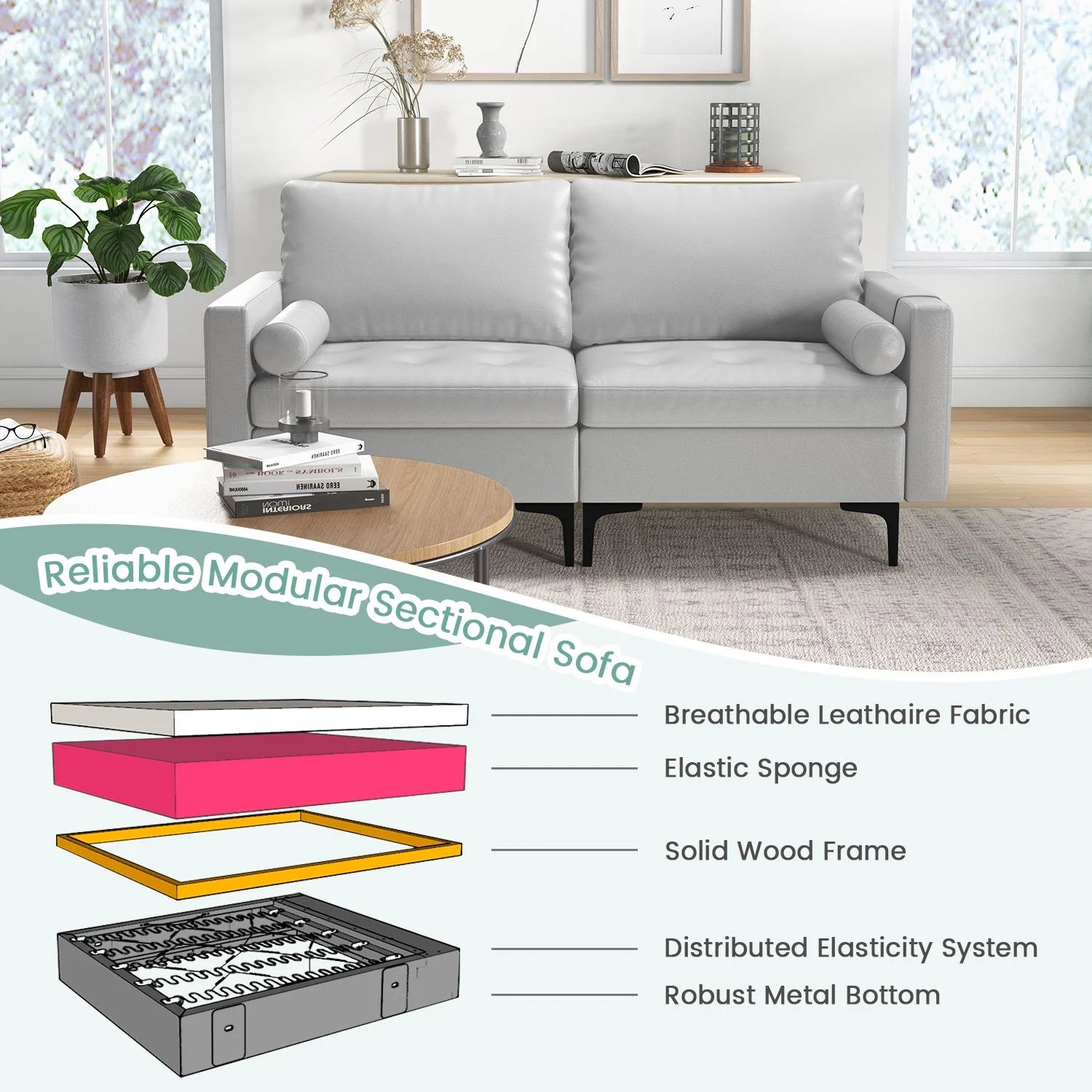 Modular Sectional Sofa Couch with 2 Removable Bolsters, Solid Metal Legs