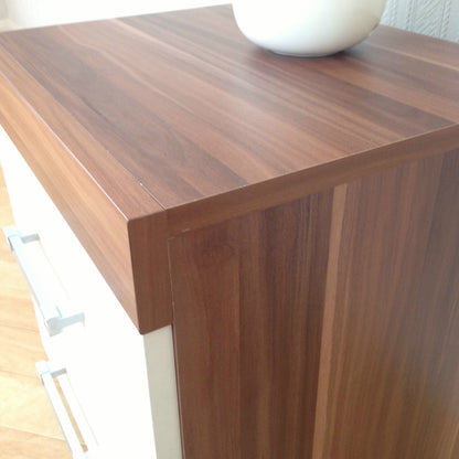 White & Walnut 5 Drawer Tall Boy Chest & 2 Drawer Bedside Cabinet Bedroom Narrow