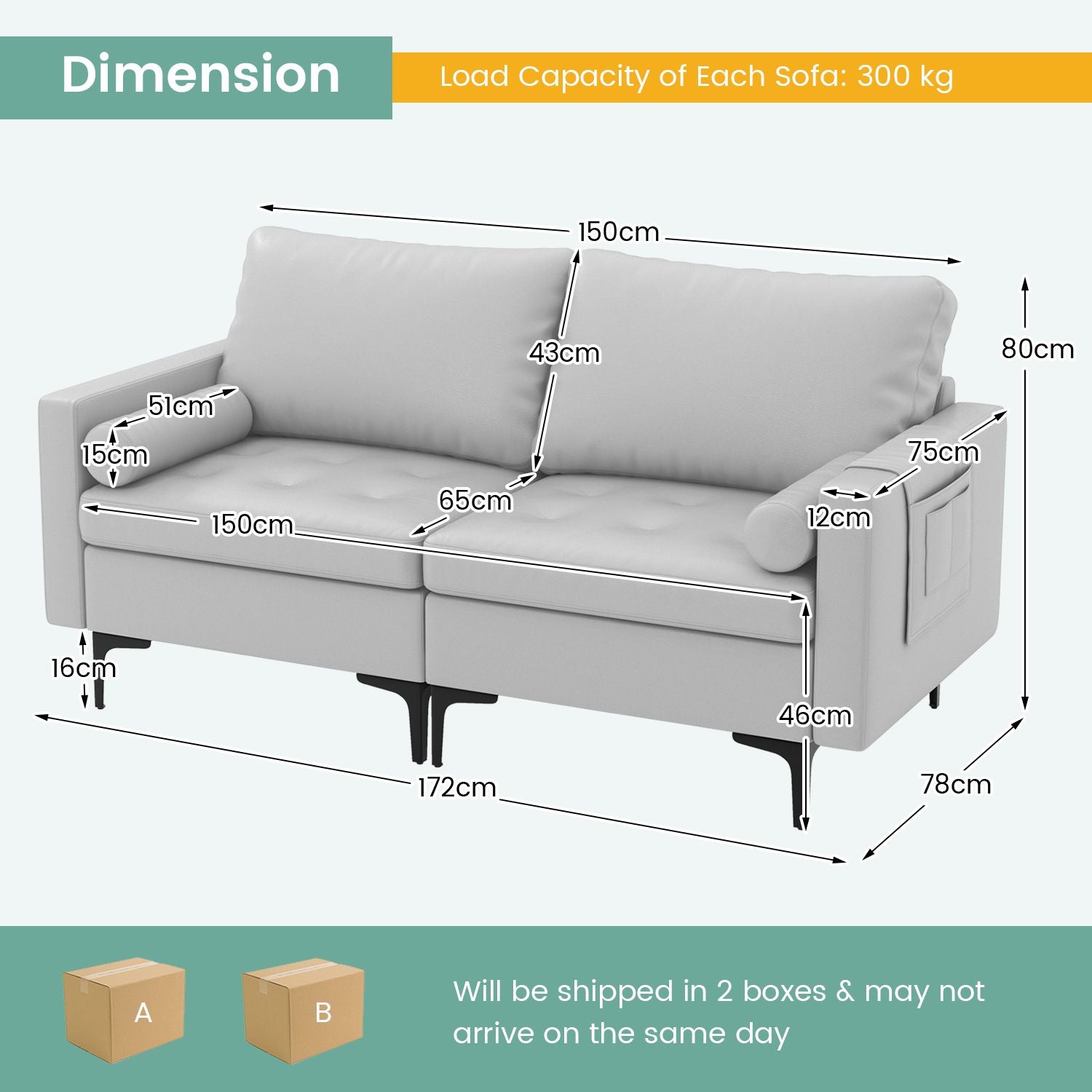 Modular Sectional Sofa Couch with 2 Removable Bolsters, Solid Metal Legs