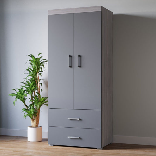 2 Door 2 Drawer Wardrobe - Grey & Grey Oak Effect Bedroom Furniture Storage Rail