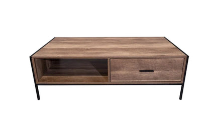 Esteban 1 Drawer Coffee Table with Open Shelf. Industrial Style. Black Metal Frame.